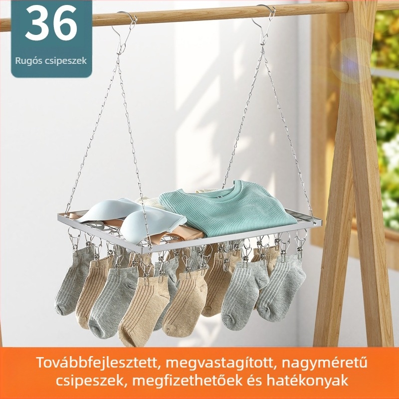 Erkélyre szánt vastagított rozsdamentes acél ruhaszárító, dupla kampókkal, kültéri használatra, csúszásmentes felülettel, babaruhákhoz, több klippel és zokidarakkal