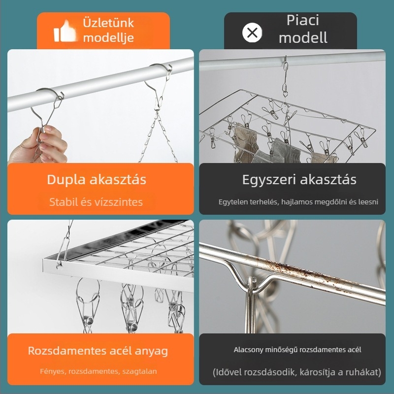 Erkélyre szánt vastagított rozsdamentes acél ruhaszárító, dupla kampókkal, kültéri használatra, csúszásmentes felülettel, babaruhákhoz, több klippel és zokidarakkal