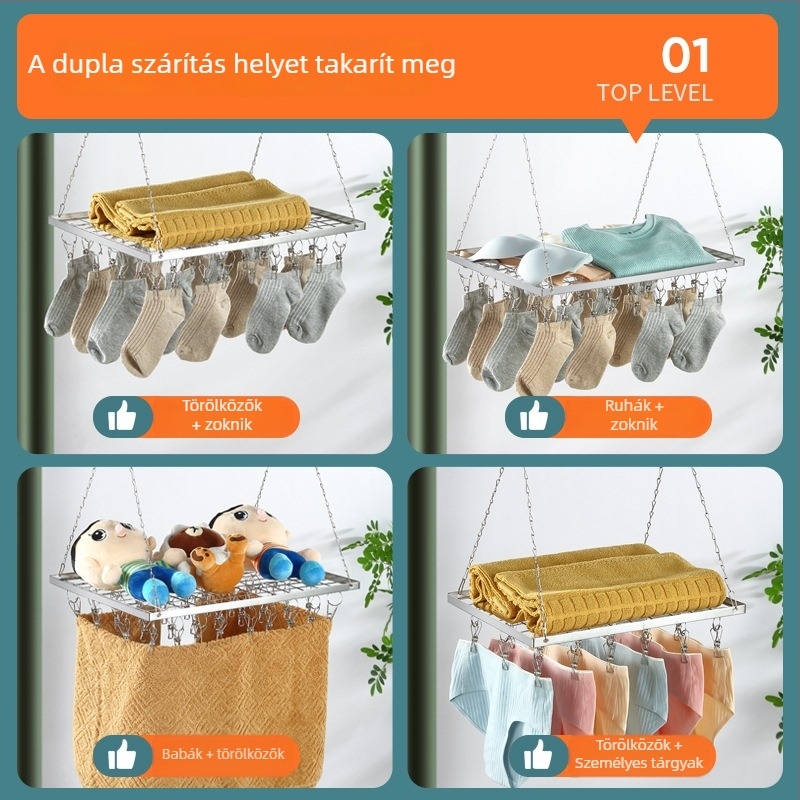 Erkélyre szánt vastagított rozsdamentes acél ruhaszárító, dupla kampókkal, kültéri használatra, csúszásmentes felülettel, babaruhákhoz, több klippel és zokidarakkal