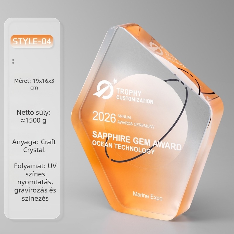 Egyedi kristálytrófea új gradiens dizájnnal a cég éves gyűlésére, prémium díj kiváló dolgozóknak gravírozott szöveggel