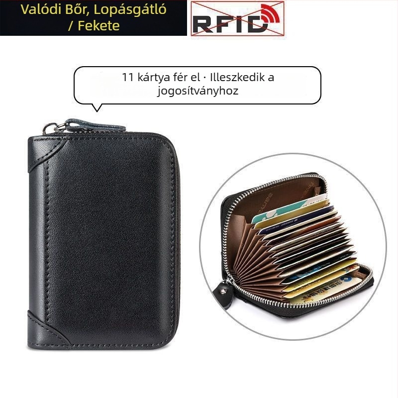 Valódi bőr kártyatartó, nagy kapacitású, több kártyahely, anti-demagnetizálás, kompakt akordeon-stílusú dizájn, ultra vékony, vezetői engedélyhez, nőknek
