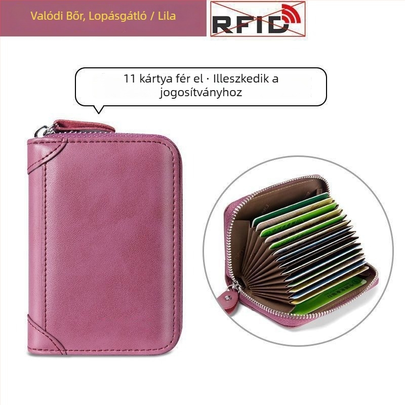 Valódi bőr kártyatartó, nagy kapacitású, több kártyahely, anti-demagnetizálás, kompakt akordeon-stílusú dizájn, ultra vékony, vezetői engedélyhez, nőknek