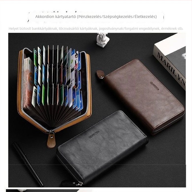 Kártyatartó – üzleti stílusú, lopás elleni védelem, két az egyben, hosszú összecsukható clutch, valódi bőr textúra, retro megjelenés