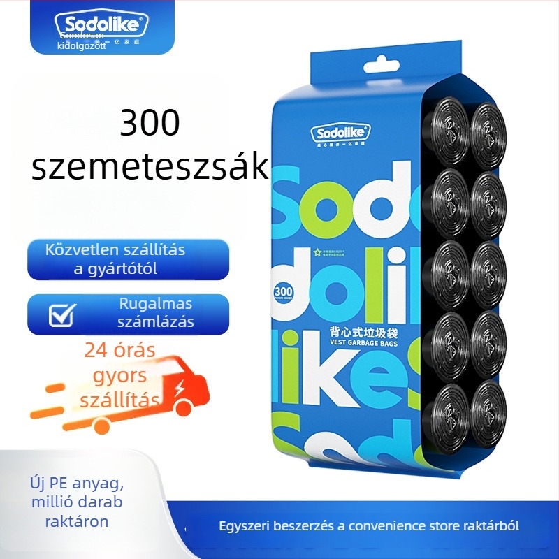 Mellény-stílusú szemeteszsákok, fekete, 300 db, tartós, hordozható, háztartási extra vastag kivitelben