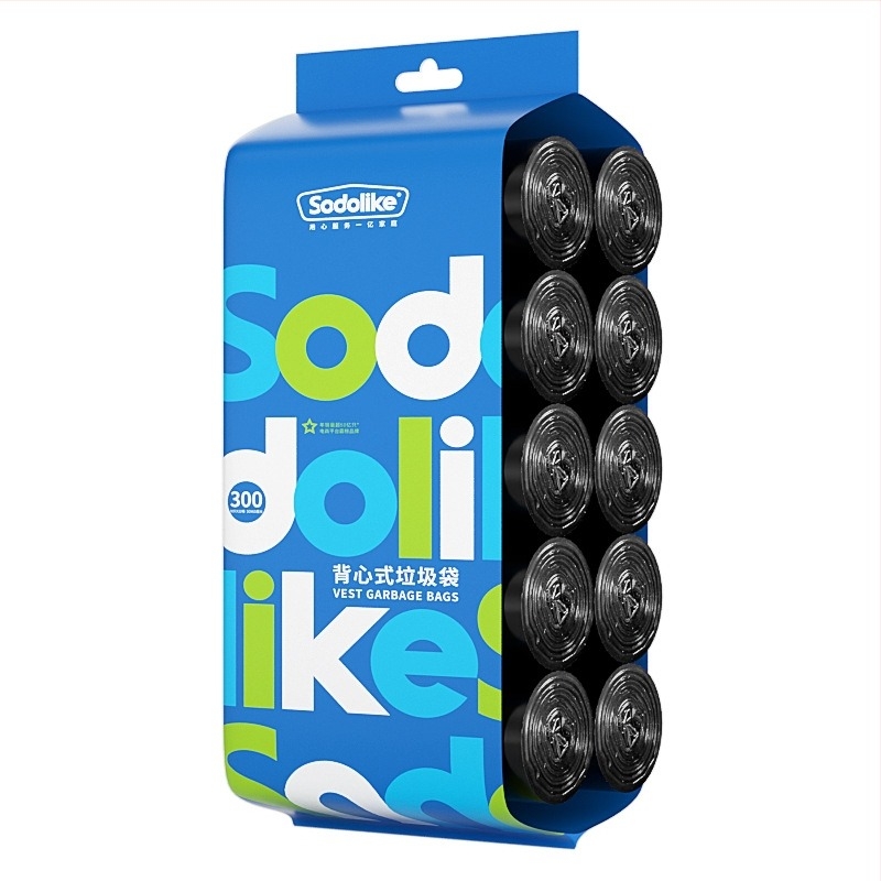 Mellény-stílusú szemeteszsákok, fekete, 300 db, tartós, hordozható, háztartási extra vastag kivitelben