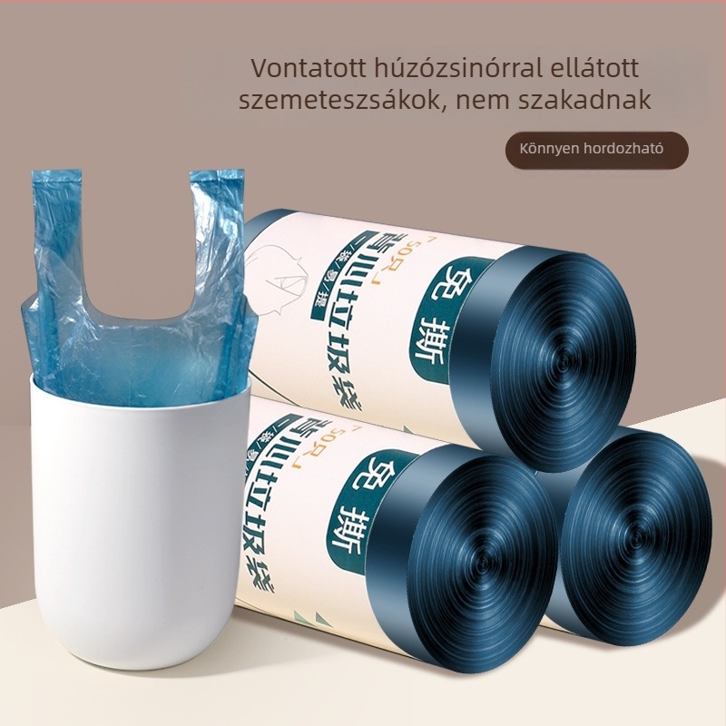 Mellény-stílusú egyszer használatos szemeteszsák, vastagított anyagból, fekete, nagy kapacitású, konyhai szemeteshez