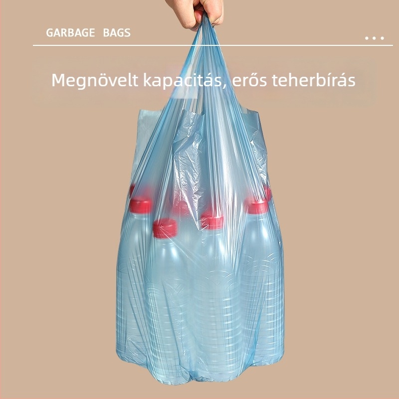 Mellény-stílusú egyszer használatos szemeteszsák, vastagított anyagból, fekete, nagy kapacitású, konyhai szemeteshez
