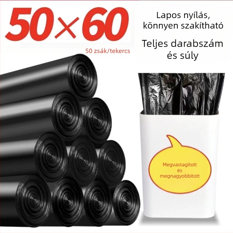 Megvastagított szemeteszsákok 50×60, típus tekercses, perforált, sík száj, 50 db, fekete, szállodai és fürdőszobai használatra
