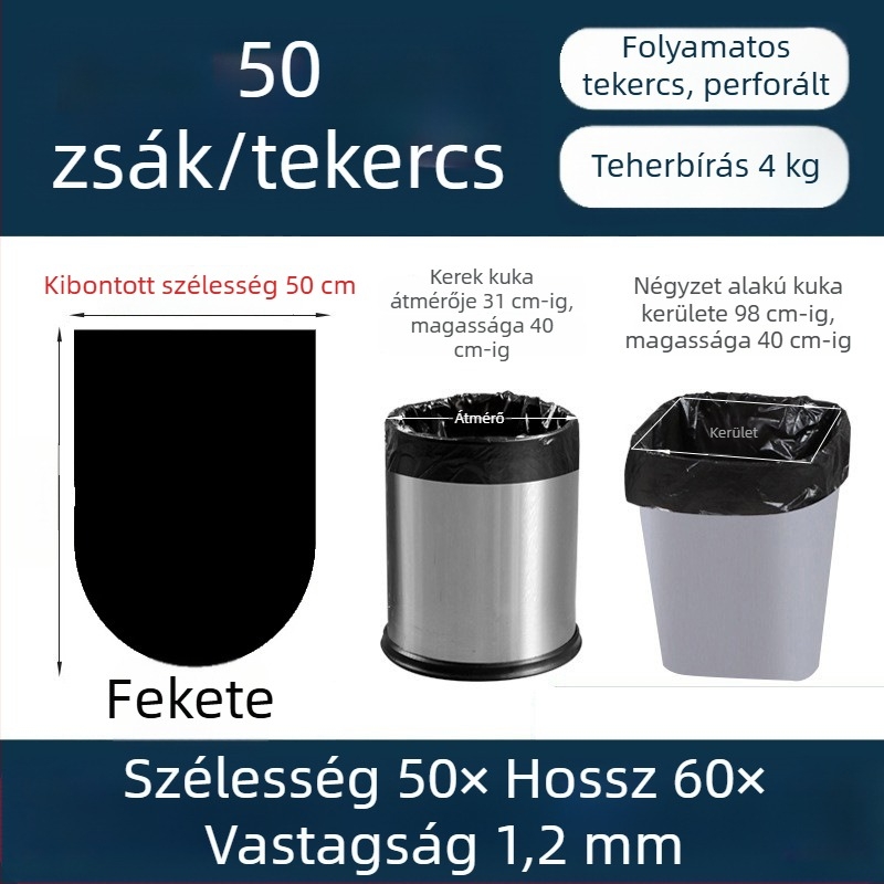 Megvastagított szemeteszsákok 50×60, típus tekercses, perforált, sík száj, 50 db, fekete, szállodai és fürdőszobai használatra