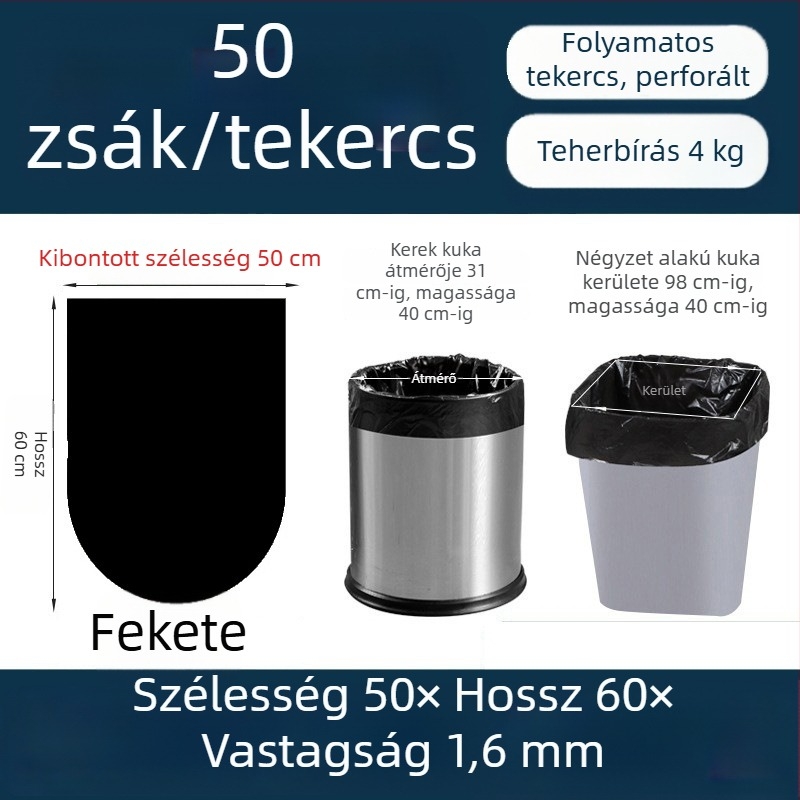 Megvastagított szemeteszsákok 50×60, típus tekercses, perforált, sík száj, 50 db, fekete, szállodai és fürdőszobai használatra