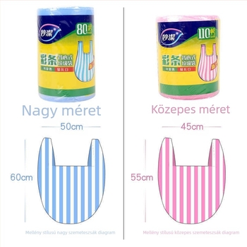 Miaojie színes csíkos szemeteszsákok, mellény-stílus, nagy méret, tekercses kiszerelés, otthoni és irodai használatra, hordozható műanyag zacskók