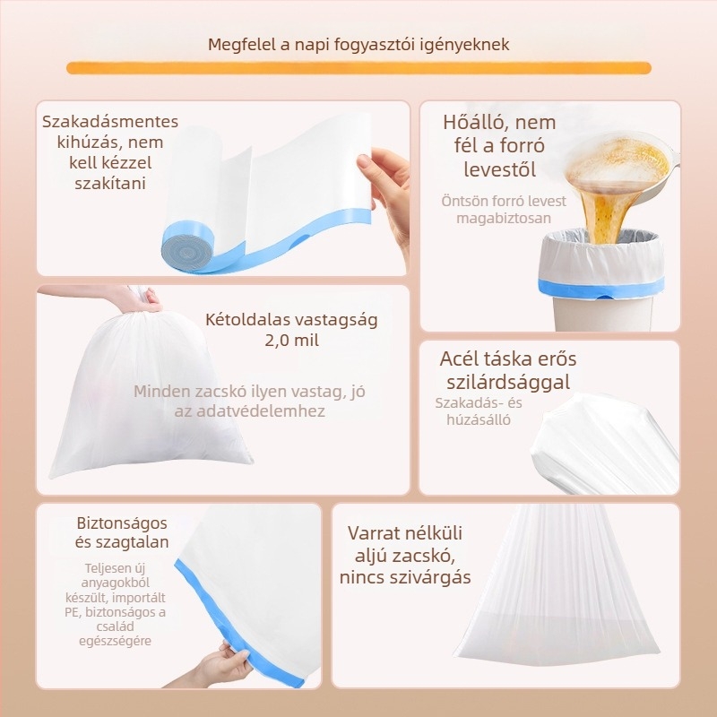 Vastagított szemeteszsák kötözővel, szakadásálló, hordozható otthonra, irodába és kollégiumba