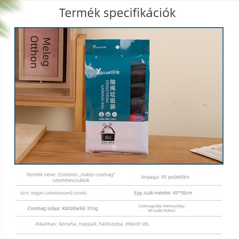 Zsinóros háztartási szemeteszsák, nagy méret, mellény-stílusú, vastagított, színes, sík szájnyílás, nagykereskedelmi
