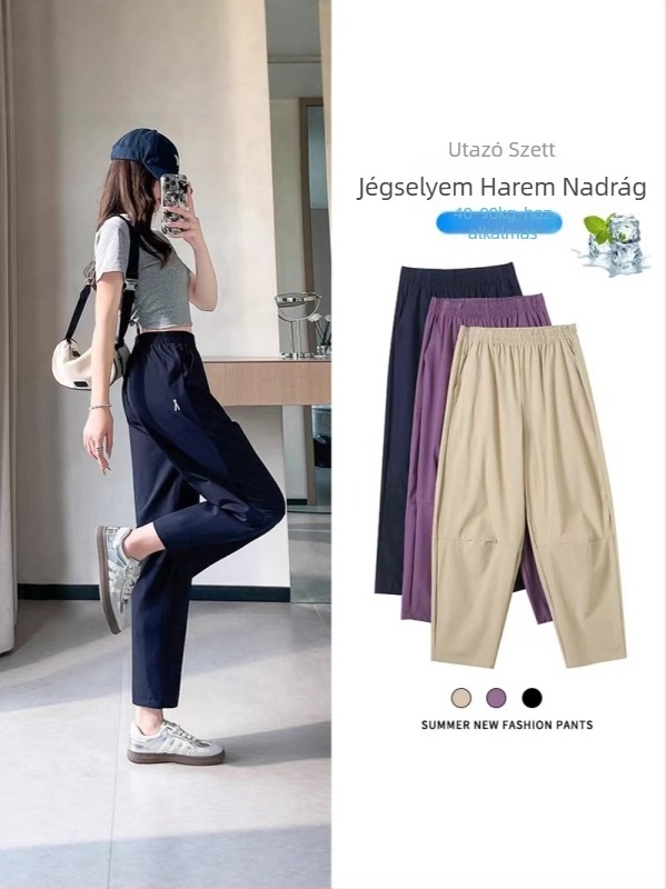 Női nyári Ice Silk gyorsan száradó, légáteresztő cropped harém nadrág, rugalmas derék, laza szabás, plusz méret