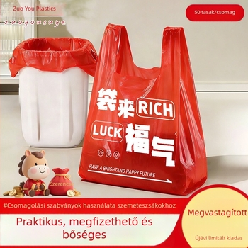 Vörös háztartási szemeteszsákok, extra vastagok, fogantyúval, konyhai és mindennapi használatra.