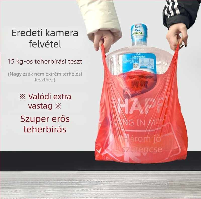 Vörös háztartási szemeteszsákok, extra vastagok, fogantyúval, konyhai és mindennapi használatra.