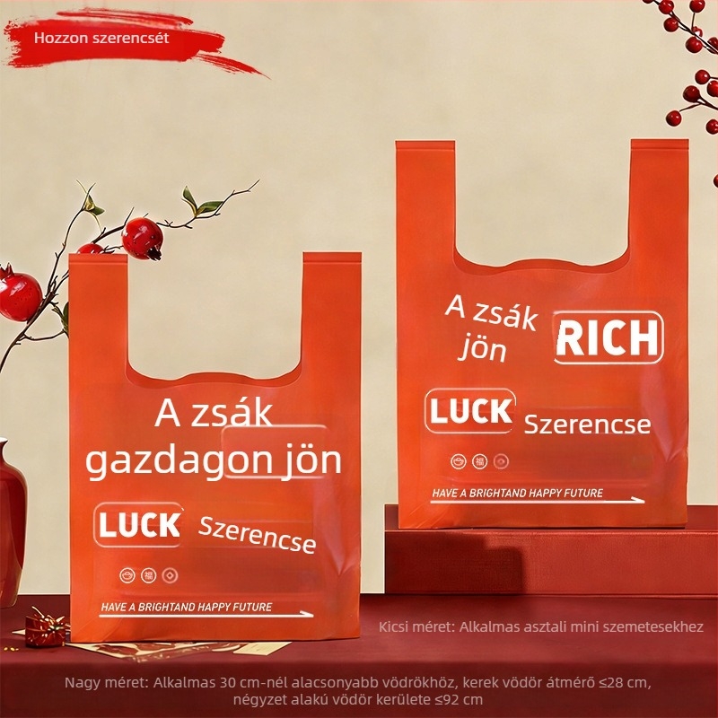 Vörös háztartási szemeteszsákok, extra vastagok, fogantyúval, konyhai és mindennapi használatra.
