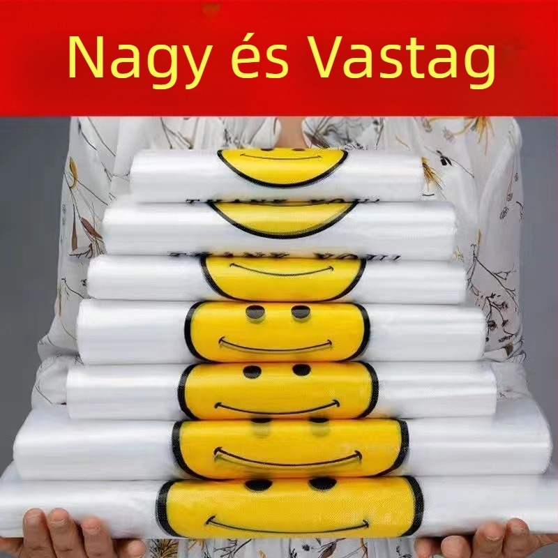 Egyszer használatos, átlátszó műanyag zacskók mosolygós arccal, vastagított kivitelben – bevásárláshoz és szemeteshez