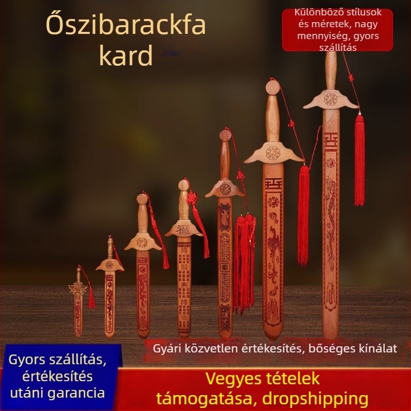 Autentikus őszibarackfa kardmedál, kézzel készített fa dekoratív kiegészítő gyerek- és nappaliba, hordozható őszibarackfa kard