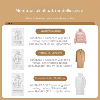 Vákuum-kompressziós tárolózsák töltött dzsekikhez, függő kivitelű ruhatár-szervező