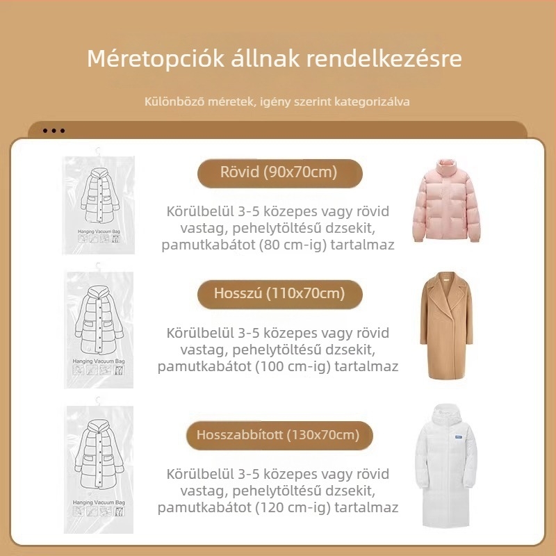 Vákuum-kompressziós tárolózsák töltött dzsekikhez, függő kivitelű ruhatár-szervező