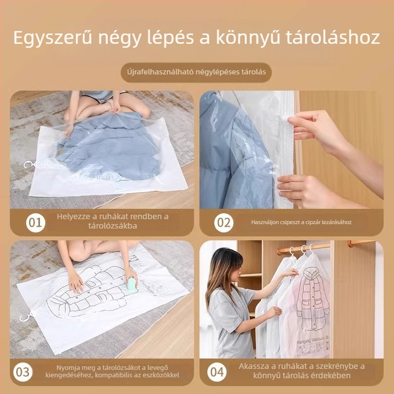 Vákuum-kompressziós tárolózsák töltött dzsekikhez, függő kivitelű ruhatár-szervező