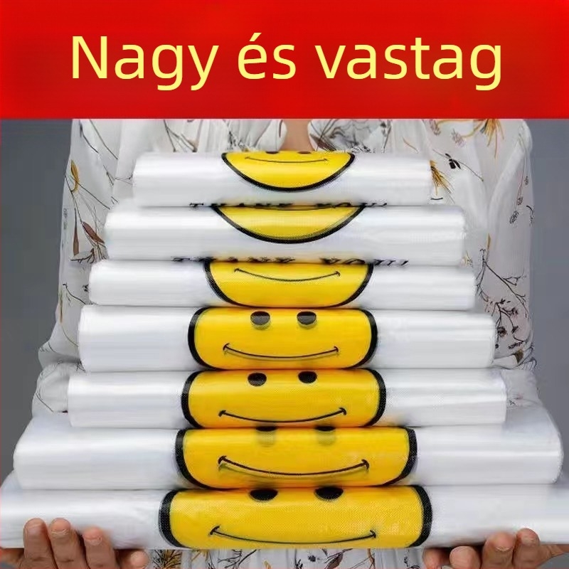 Egyszer használatos műanyag zacskók mosolygós arccal, átlátszó, vastagított bevásárló- és csomagolózacskók