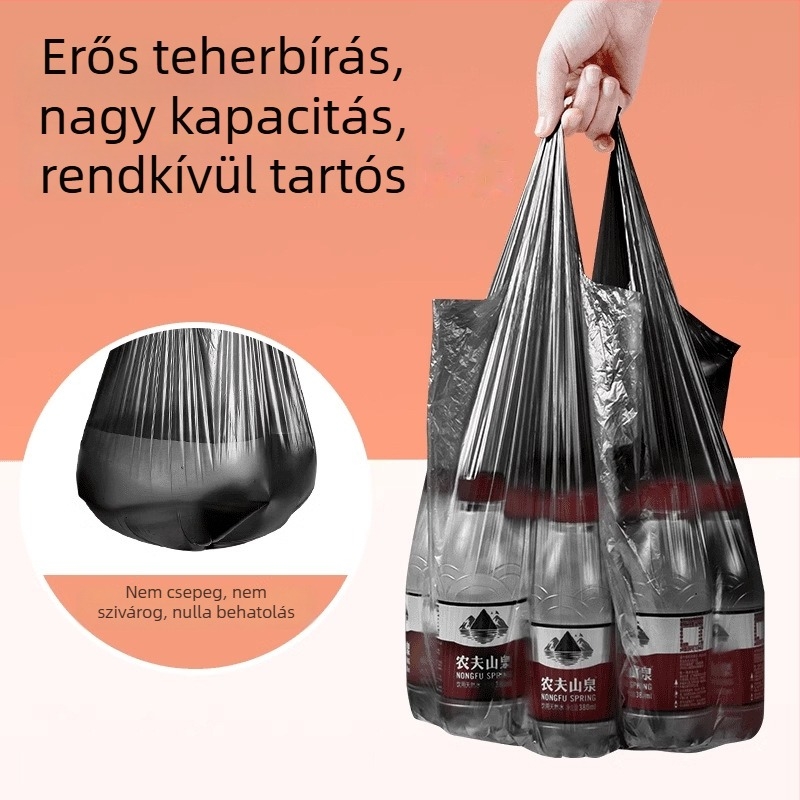 Mellény-stílusú takarító táska, fekete, négy tekercs, tartós, nagy szemeteszsák.