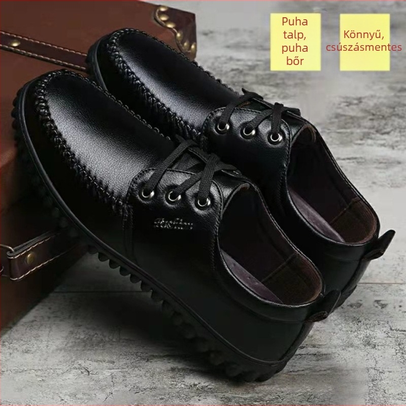 Férfi bőr casual cipő puha talppal, csúszásmentes, lélegző, klasszikus brit stílusú loafer