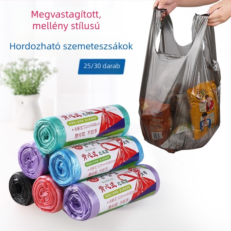 Fekete egyszer használatos háztartási kukazacskók, mellény-stílusú, tekercsben, PE anyag, konyhai használatra