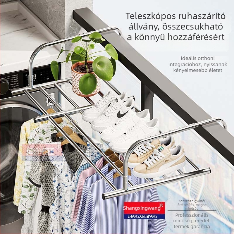 Rozsdamentes acélból készült ablak melletti kihúzható ruhaszárító állvány, fúrás nélkül, multifunkcionális erkélyi szárító, ablakpárkányon összecsukható.