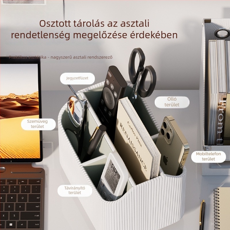 Íróasztali tároló doboz osztott rekeszekkel és többfunkciós tolltartóval, hálószobába, dolgozószobába vagy tanulóhelyiségbe — prémium érzet.