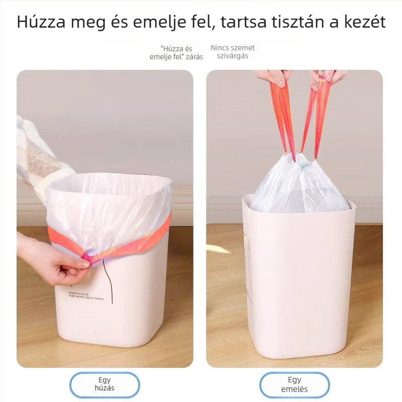 Vastag húzókötéses szemeteszsák, fogantyúval, háztartási használatra, tartós automatikus zárással