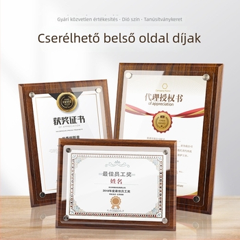 Diófából készült medálkeret akril engedélyező kártyával és kitüntető okirattal, A4/A5 méret, fa medal fotókeret kiállításra