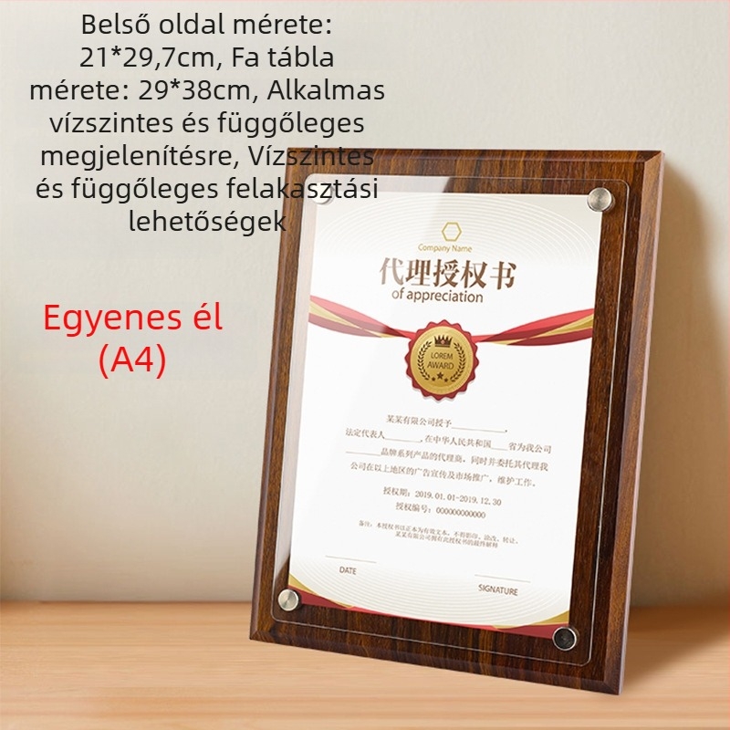 Diófából készült medálkeret akril engedélyező kártyával és kitüntető okirattal, A4/A5 méret, fa medal fotókeret kiállításra