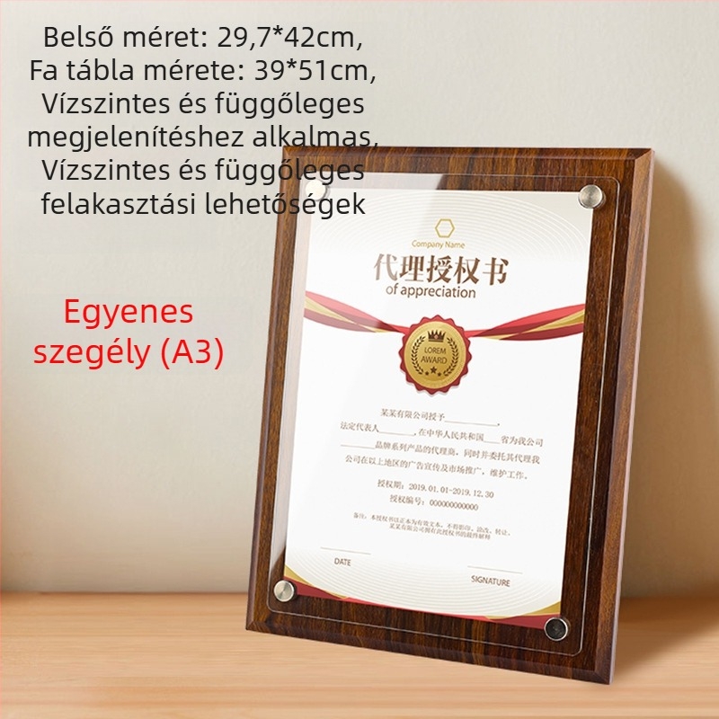 Diófából készült medálkeret akril engedélyező kártyával és kitüntető okirattal, A4/A5 méret, fa medal fotókeret kiállításra