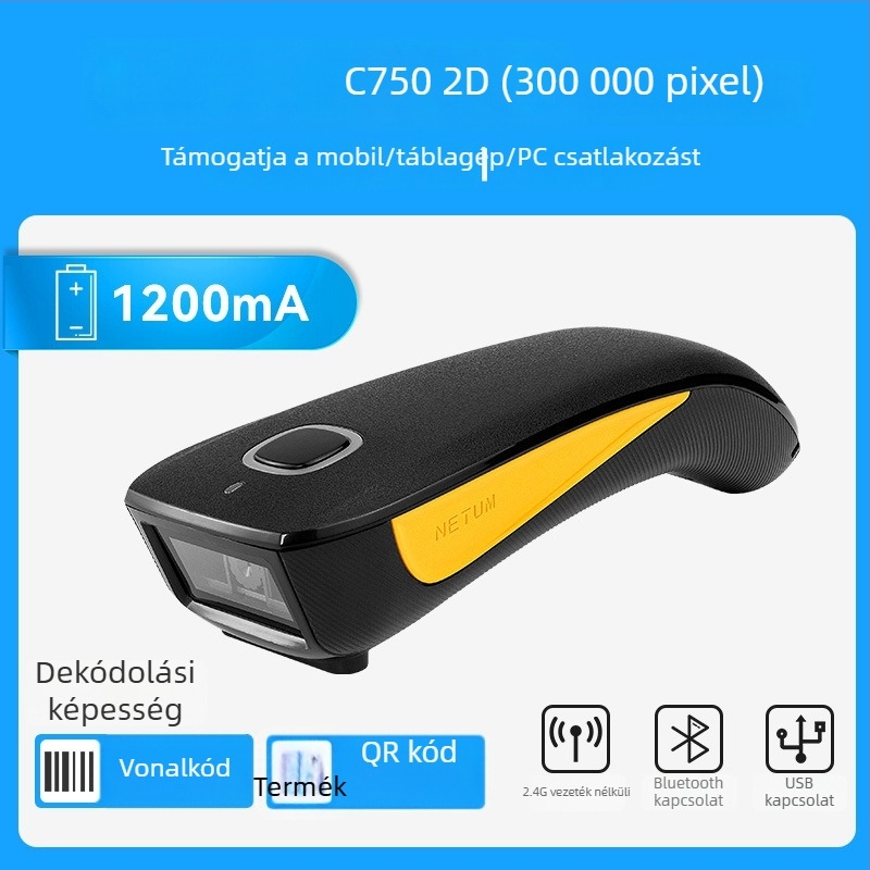 C750 Bluetooth hordozható 2D vonalkódolvasó QR-kódokhoz és raktári használathoz