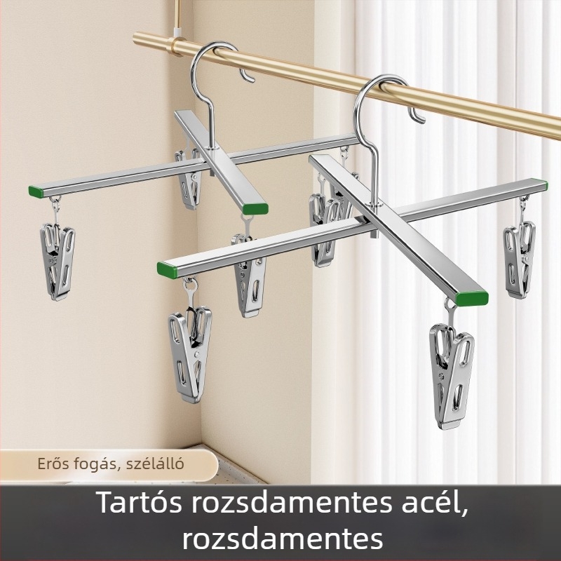 Kereszt alakú rozsdamentes acél szárítóállvány nadrágokhoz, zoknikhoz és ruhákhoz, összecsukható klipszekkel