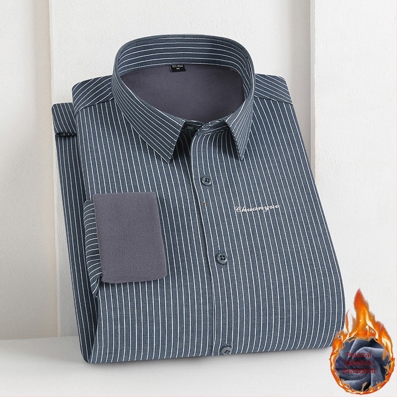 Férfi csíkos hosszú ujjú ing, prémium üzleti-casual stílus, fleece belsővel téli felső