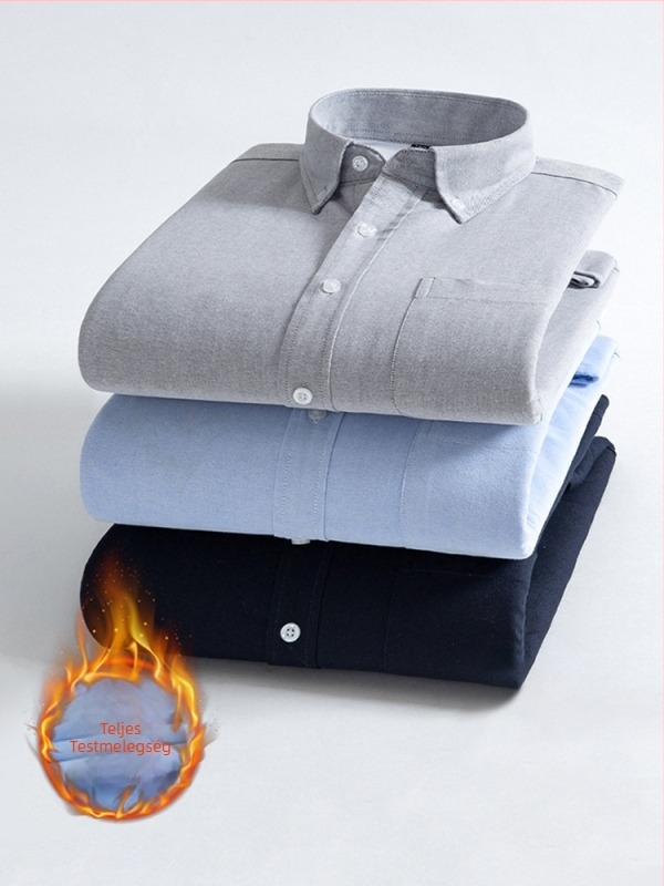 Férfi téli hosszú ujjú Oxford anyagú ing fleece-béléssel, vastag és meleg, üzleti-casual stílusban