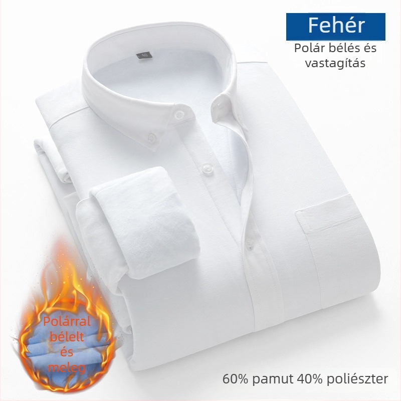 Férfi téli hosszú ujjú Oxford anyagú ing fleece-béléssel, vastag és meleg, üzleti-casual stílusban