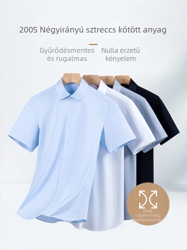 Férfi 200-szálas rugalmas kötött ing rövid ujjú, vasalásmentes, gyűrődésálló, légáteresztő, üzleti-kazual stílus.