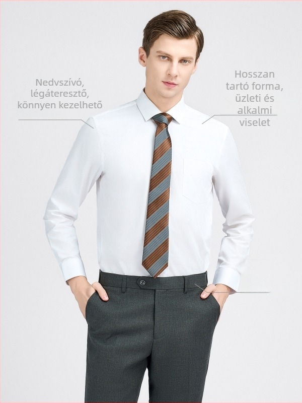 Férfi fehér ing üzleti-casual stílusban, nyár, lélegző, gyűrődésálló, munkahelyre