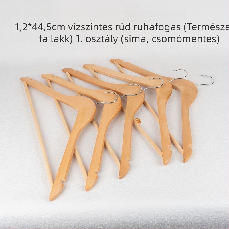 Hosszított tömörfa ruhakasztó nyom nélküli felülettel, nadrágcsipeszekkel és nadrágtartóval