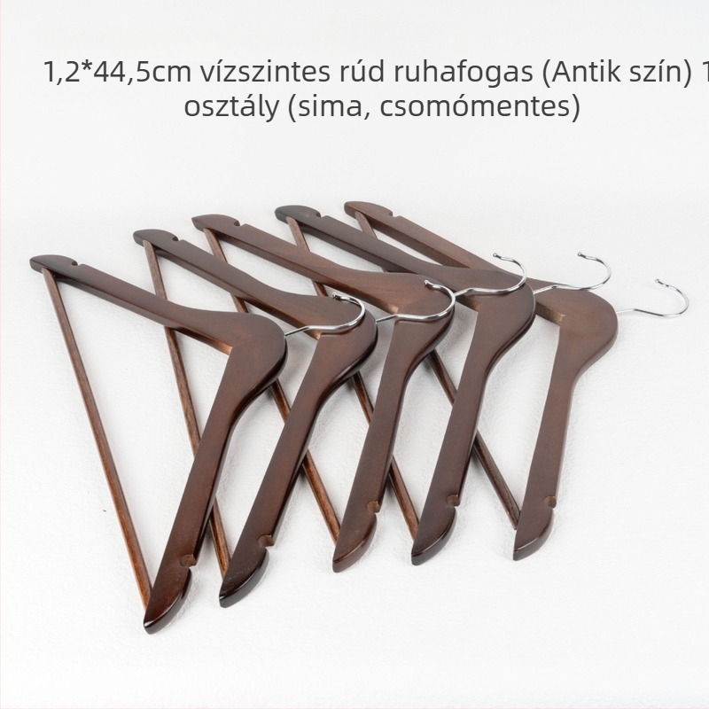 Hosszított tömörfa ruhakasztó nyom nélküli felülettel, nadrágcsipeszekkel és nadrágtartóval