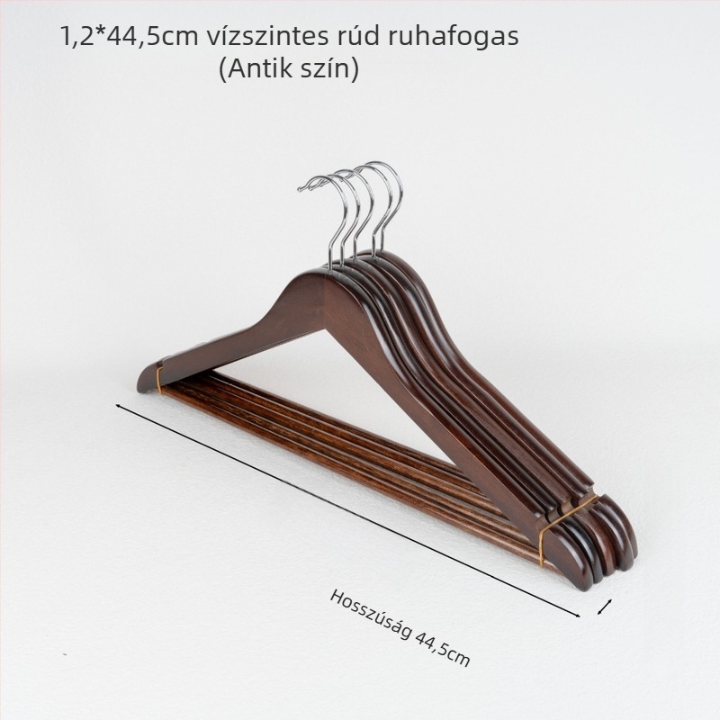 Hosszított tömörfa ruhakasztó nyom nélküli felülettel, nadrágcsipeszekkel és nadrágtartóval