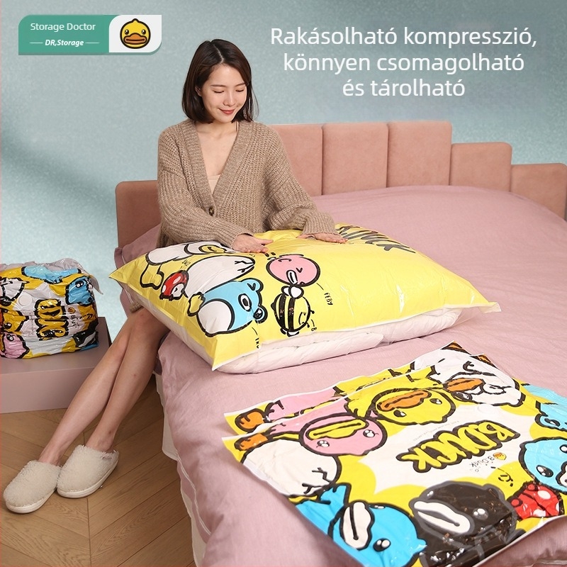 Hivatalosan licencelt Little Yellow Duck vákuum tömörítő zacskó, pumpa nélkül, ruhák és paplanok költöztetéséhez és tárolásához