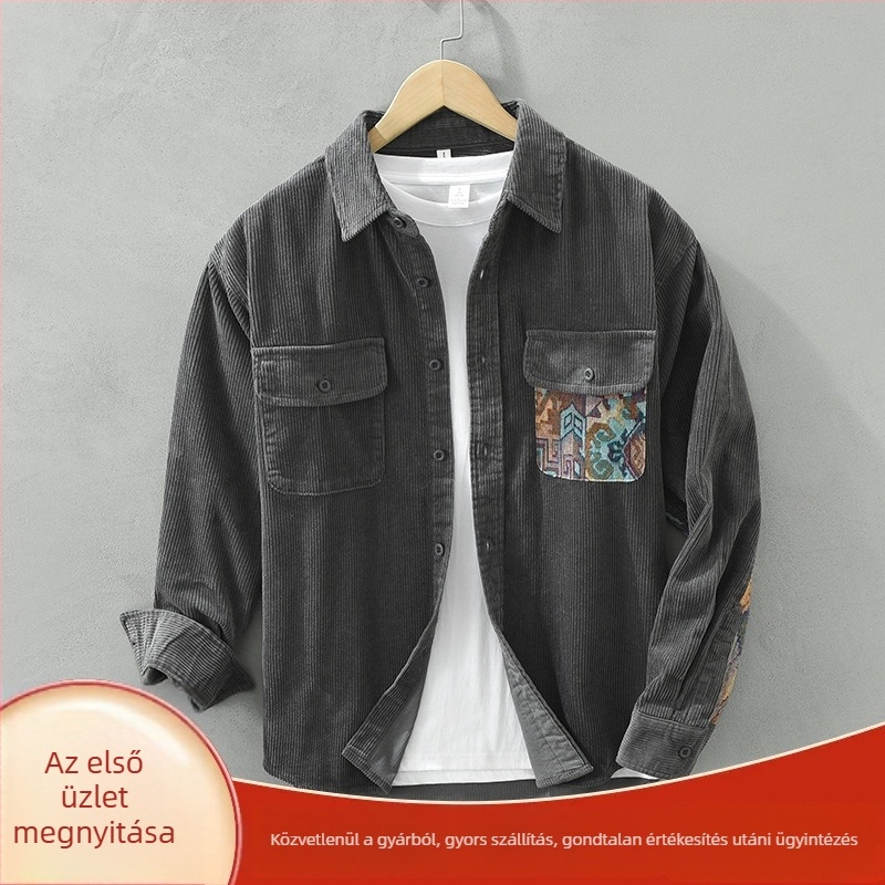 Férfi corduroy patchwork hosszú ujjú ing, 100% pamut, lazán szabott, őszi-téli szezonra