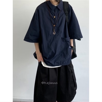 Férfi CityboyPOLO ing japán stílusú retro, nyár, hongkong-stílus, laza szabás, galléros rövid ujjúing, egyszínű