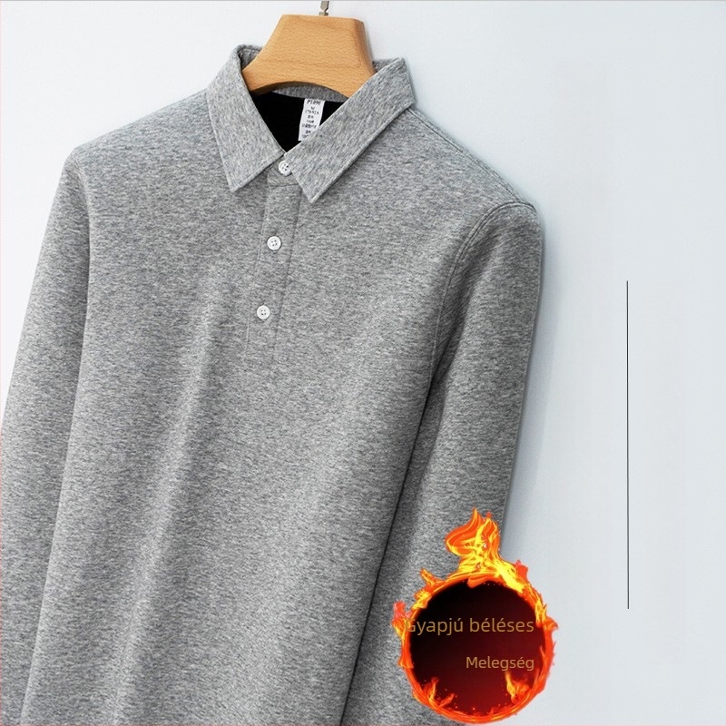Egyedi, prémium fleece-béléssel készült férfi polo ing, 430 g vastag pamut-elasztán anyagból, meleg, mindennapi viselet